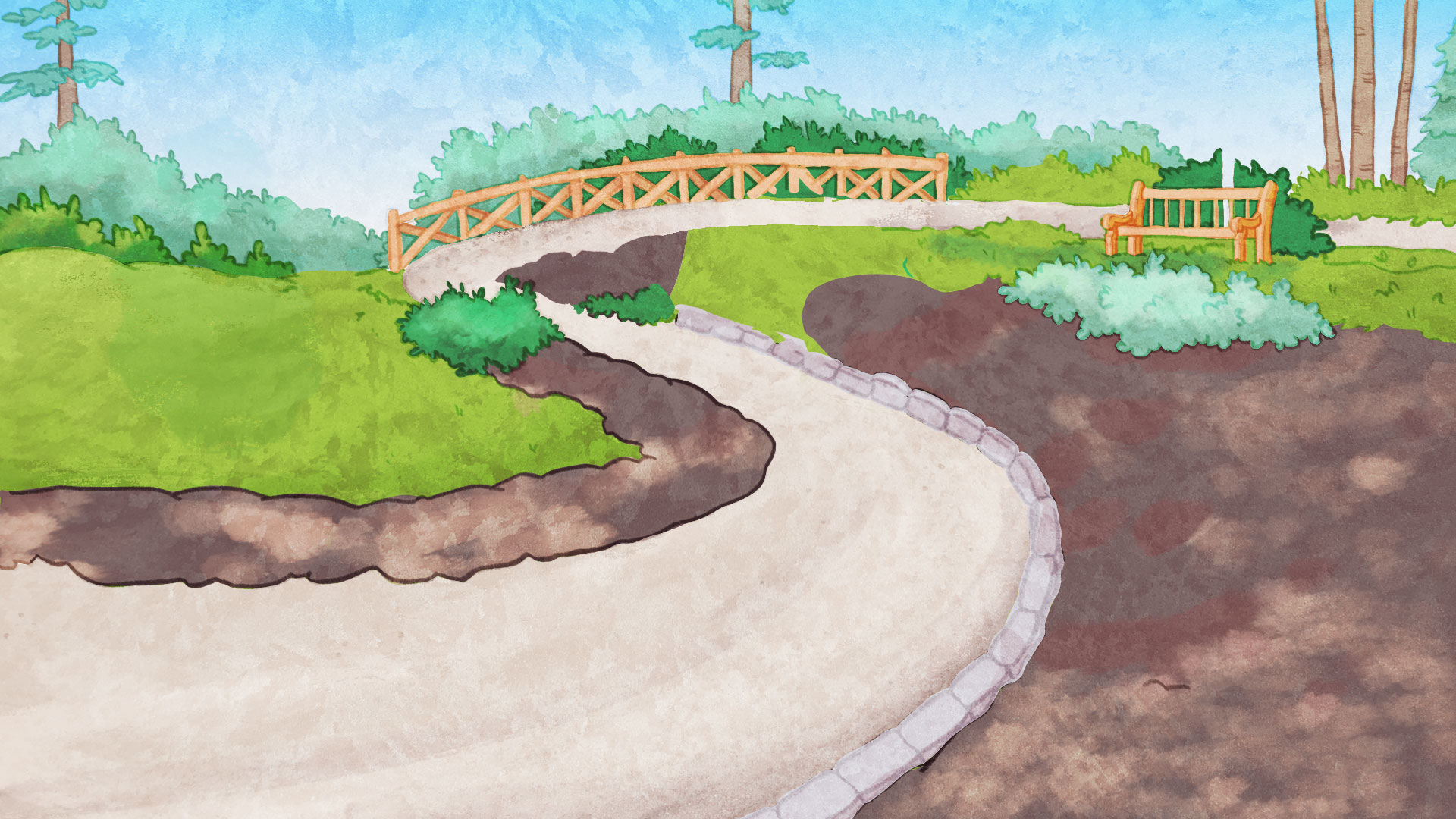 Aquarelle du Jardin des pavots bleus et de l’Allée des azalées au début du printemps. Peu de fleurs ont éclos. Le sentier de gravier est entouré de quelques petits buissons verts et de quelques pousses qui sortent du sol. Les arbres, au fond, ont des feuilles. Certains plants sont encore protégés par une toile hivernale.