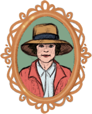 Portrait d’Elsie Reford dessiné dans un médaillon sculpté de couleur orangée.