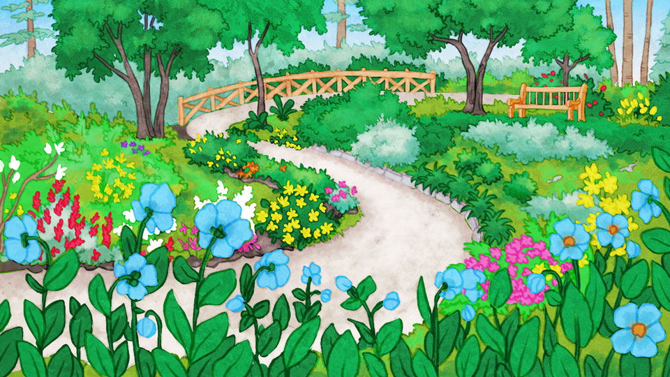 Aquarelle du Jardin des pavots bleus et de l’Allée des azalées, vibrants de couleurs. Le sentier est bordé d’arbres et d’arbustes au feuillage vert. Le bleu des pavots, au premier plan, contraste avec le jaune, le blanc, l’orange et le rouge des azalées. La luminosité de ce dessin aux couleurs vives illustre une belle journée d’été.