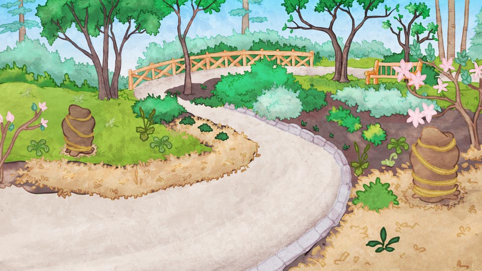 Aquarelle du Jardin des pavots bleus et de l’Allée des azalées au début du printemps. Peu de fleurs ont éclos. Le sentier de gravier est entouré de quelques petits buissons verts et de quelques pousses qui sortent du sol. Les arbres, au fond, ont des feuilles. Certains plants sont encore protégés par une toile hivernale.