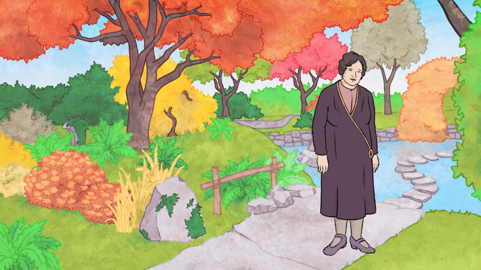 Aquarelle où Jennie se trouve devant le ruisseau. Elle prend place sur le sentier et est entourée de buissons verts et jaunes. Les arbres aussi ont un feuillage coloré. Jennie porte une longue robe violet foncé, une chemise rosée et des souliers gris.