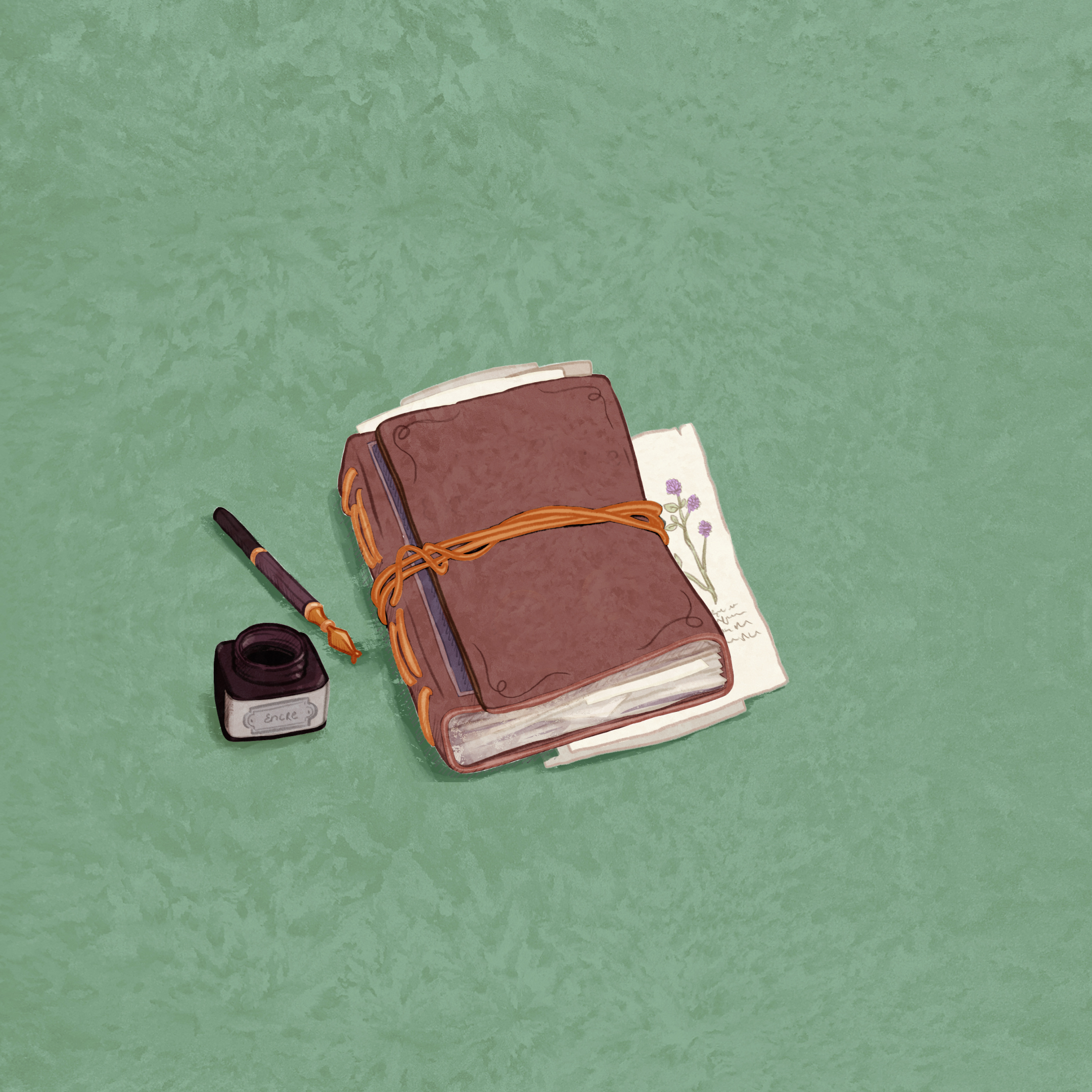 Livre relié en cuir, fermé à l'aide d'un cordon. Des pages illustrées de fleurs dépassent du livre. Un encrier et une plume sont posés à côté du livre.