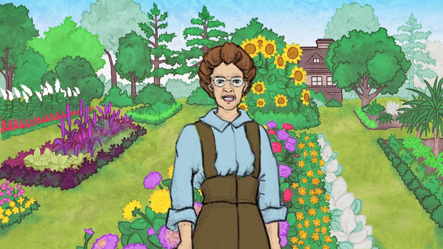 Aquarelle où il y a un gros plan d'Isabella située entre deux plates-bandes du jardin.