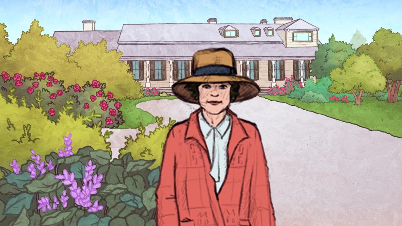 Aquarelle où il y a un gros plan sur Elsie qui est devant une grande maison blanche. Elsie est entourée de buissons verts et de fleurs. Elle porte un chapeau une chemise blanche et une veste corail.