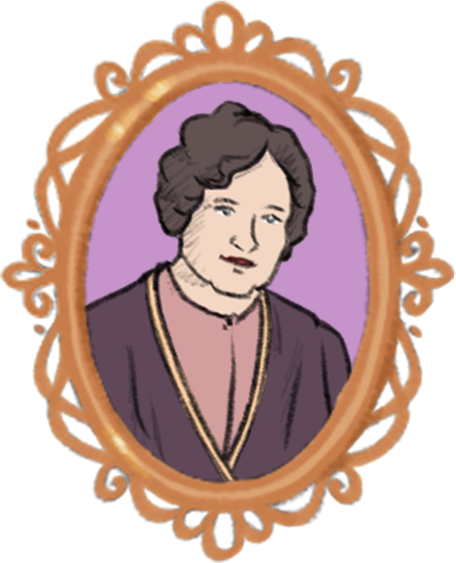 Portrait de Jennie Butchart dessiné dans un médaillon sculpté de couleur orangée.