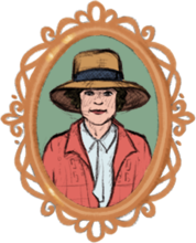 Portrait of Elsie Reford drawn within an ornately carved orange-toned medallion.