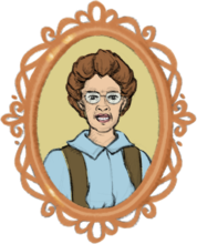 Portrait of Jennie Butchart drawn within an ornately carved orange-toned medallion.