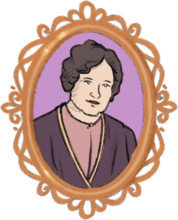 Portrait of Jennie Butchart drawn within an ornately carved orange-toned medallion.